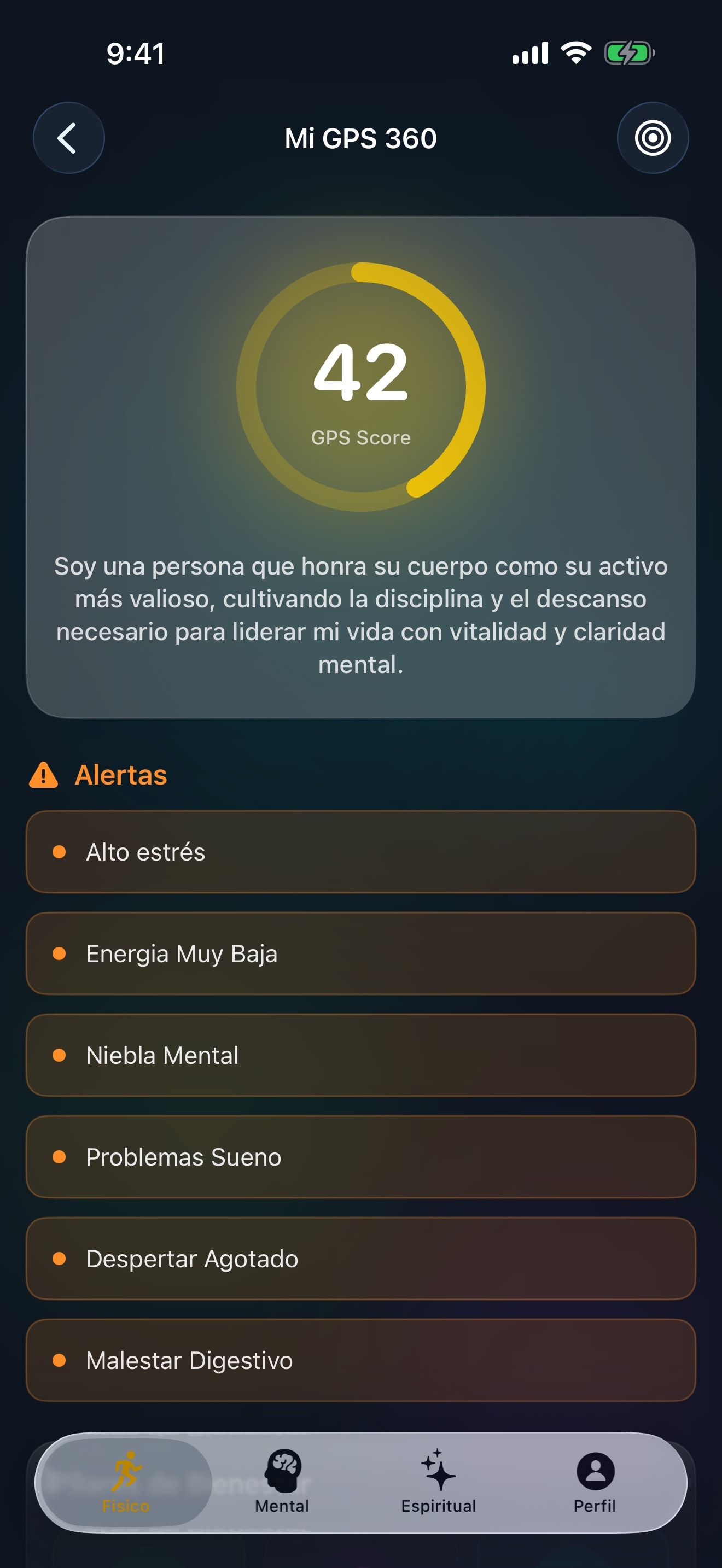 GPS de Bienestar 360 de AURA360 con score y alertas